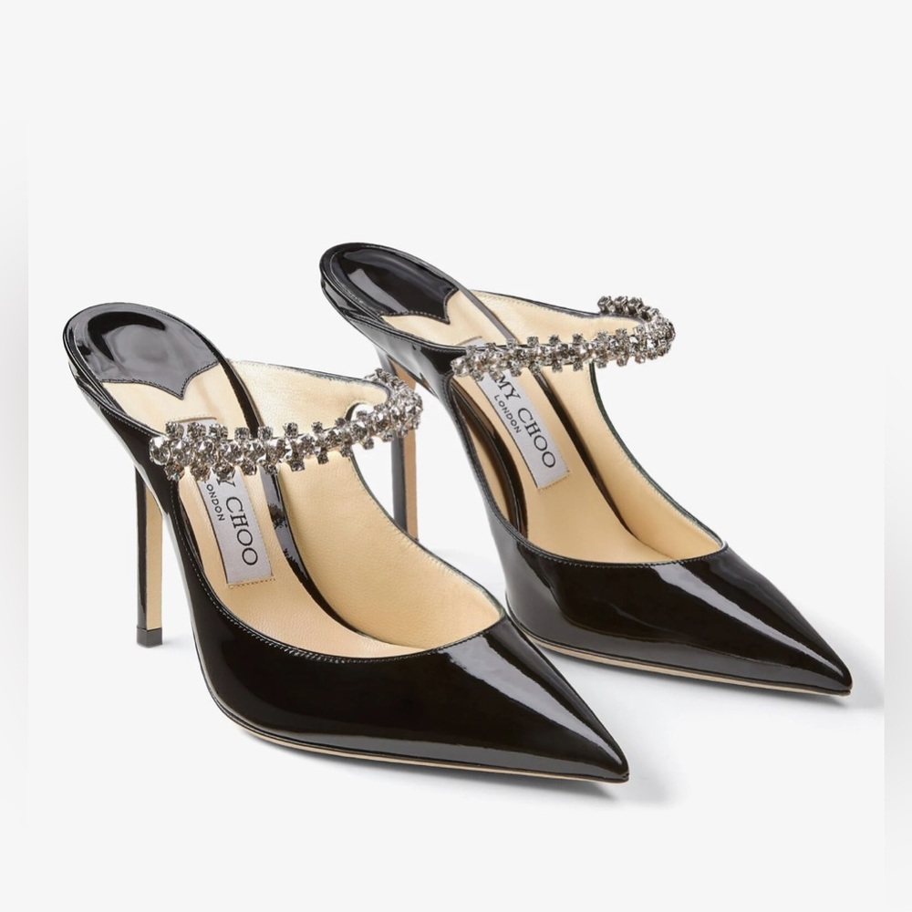 JIMMY CHOO Black Patent Leather Mules with Crystal Strap - Black (Sz 40)